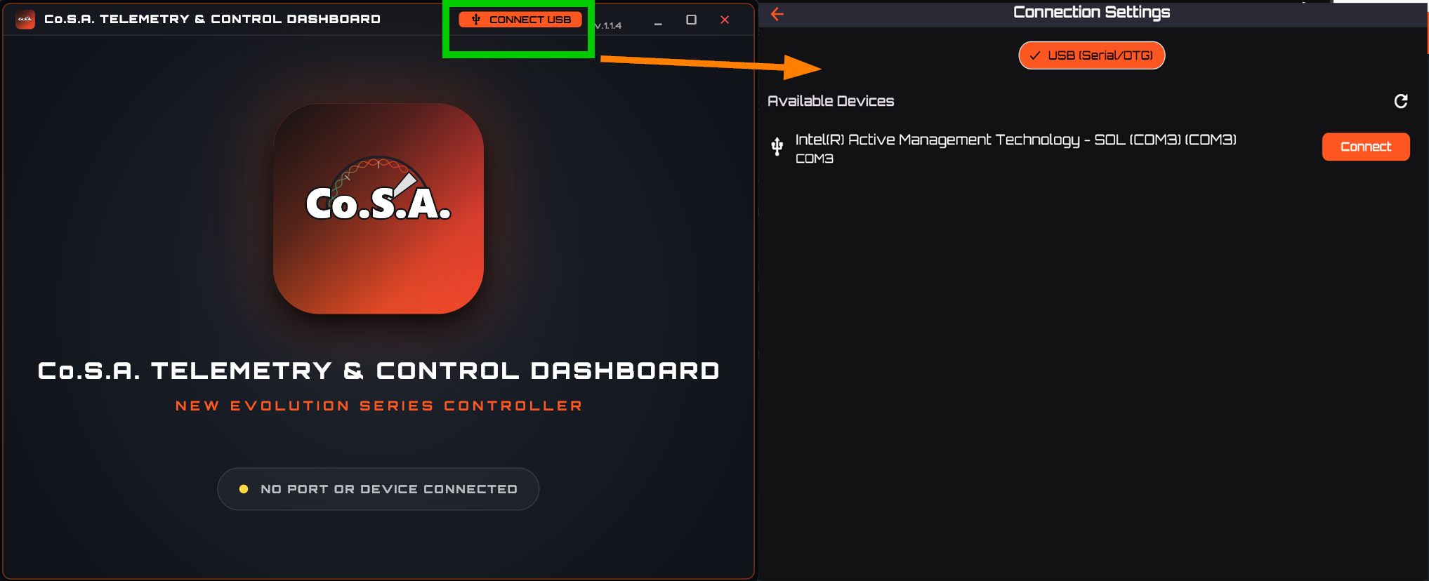 Screenshot dell'app Windows nella schermata principale di connessione